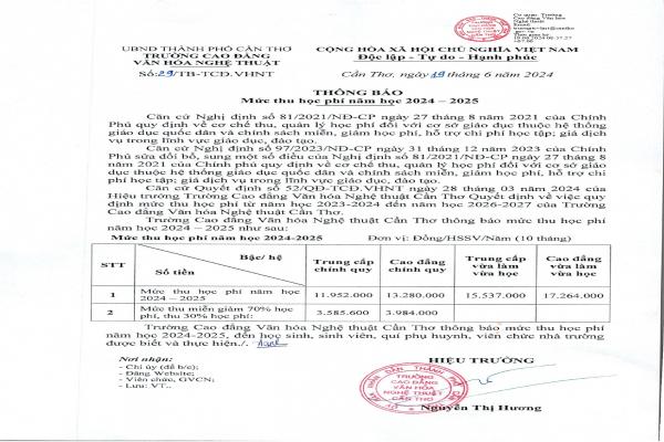 Thông báo mức thu học phí năm 2024 - 2025